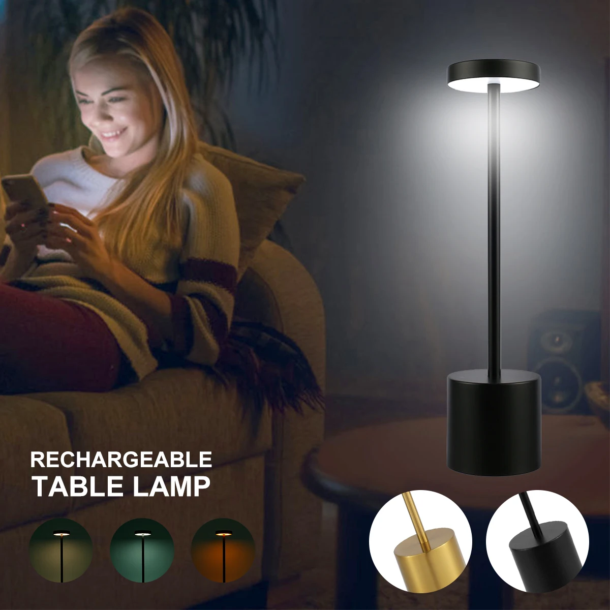 

LED Cordless Table Lamps USB Rechargeable Battery Operated Lamp 2 Level Dimmable LED Touch Bedside Lamp Portable Metal Night
