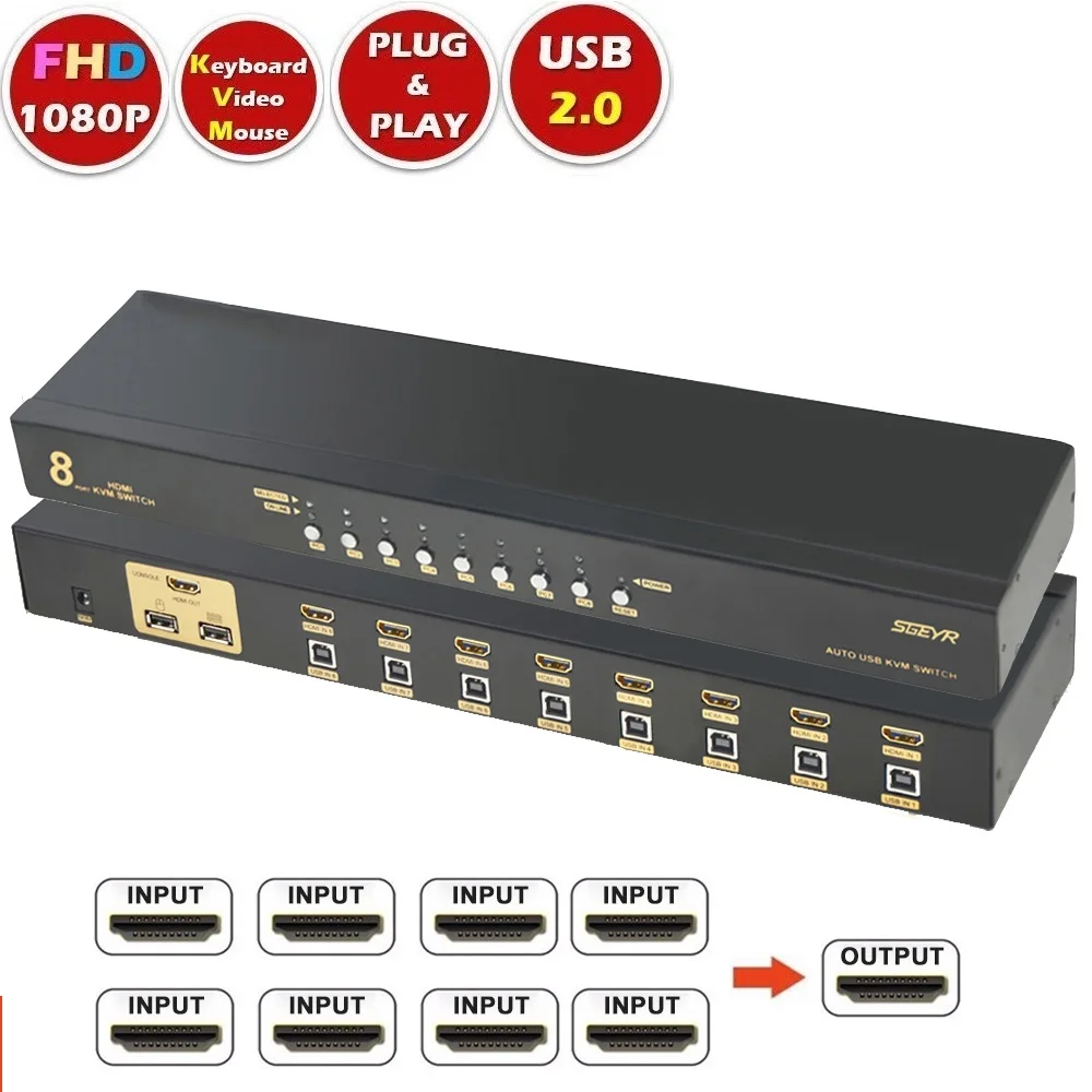 Переключатель HDMI SGEYR KVM с 8 портами USB, 8 входами и 1 выходом, поддержка 1080P, 3D кнопок, внешняя клавиша для компьютера и ноутбука