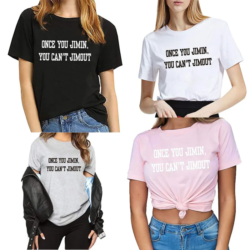 

Once You Jimin You Can't Jimout T-Shirts Unisex Short Sleeve Round Neck Tee Tops Letter Print Bangtan Boys K-pop Graphic Outfits