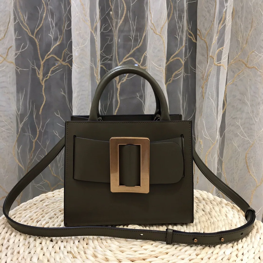 2023 Vintage Genuine Leather Colored Handbags Metal Square Buckle Cowhide Bucket Bag Cross Body Women's Bag