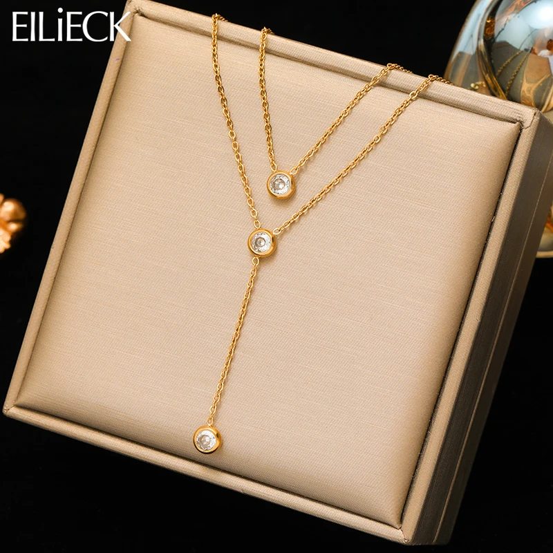 

EILIECK 316L Stainless Steel Simple White Zirconia Pendant Necklace For Women Fashion 2 IN 1 Neck Chain Jewelry Holiday Gift