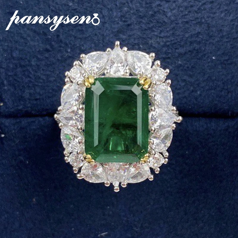 PANSYSEN Top Quality Real 925 Sterling Silver Emerald High Carbon Diamond Gemstone Rings for Women Anniversary Fine Jewelry Gift