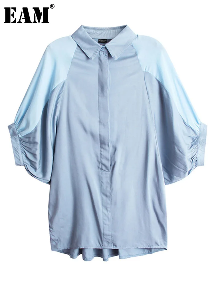 

[EAM] Women Blue Color-block Big Size Casual Blouse New Lapel Puff Sleeve Loose Fit Shirt Fashion Spring Summer 2022 1DE7135