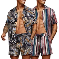 2pcsset trendy elastic waist turn down collar striped print summer beach suit for outdoor beach outfit men hawaiian set