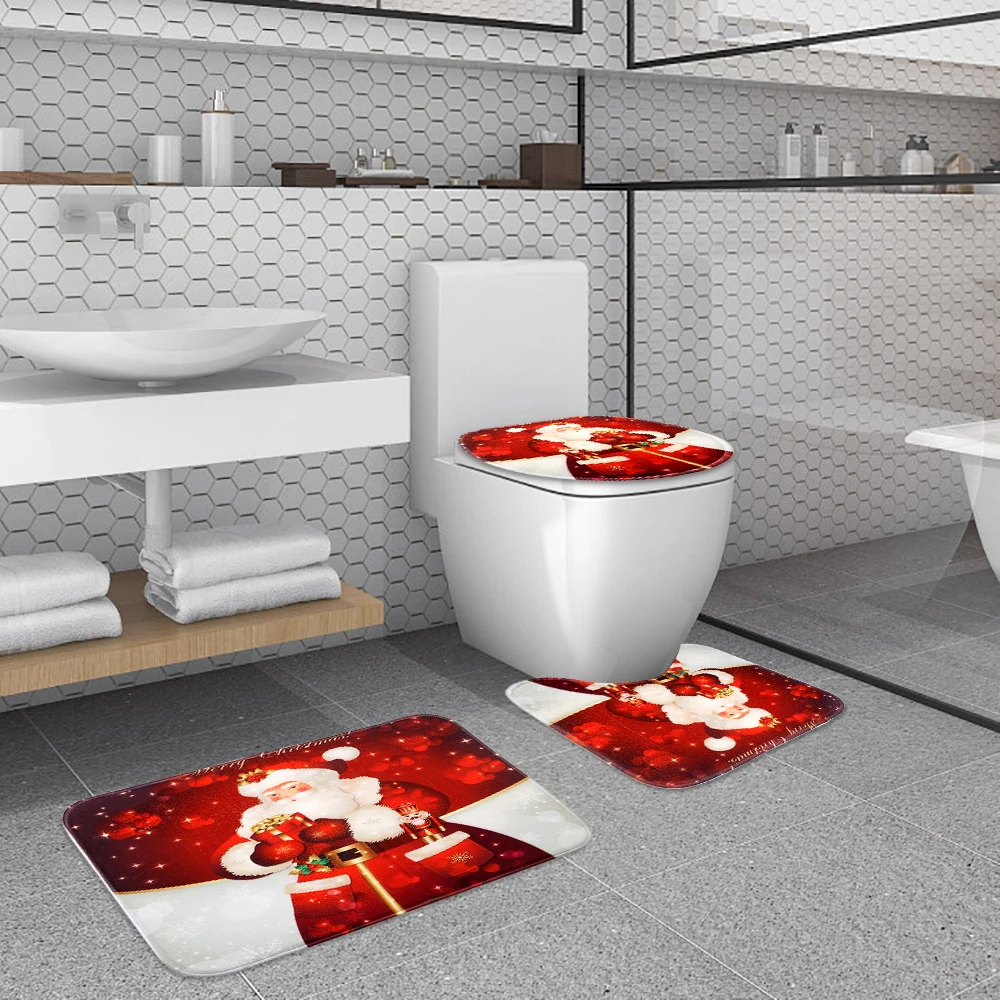 

3Pcs/Set Bathroom Set Christmas Decorations for Home Bathroom Toilet Mat Non-slip Bathmat Santa Claus Toilet Cover