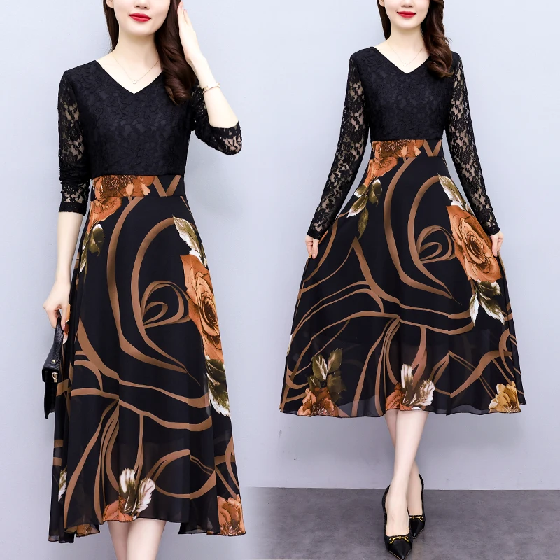 

Women's Dress Loose Lace Patchwork Print Casual Fashion V-neck Long Sleeves Female Clothing Houthion