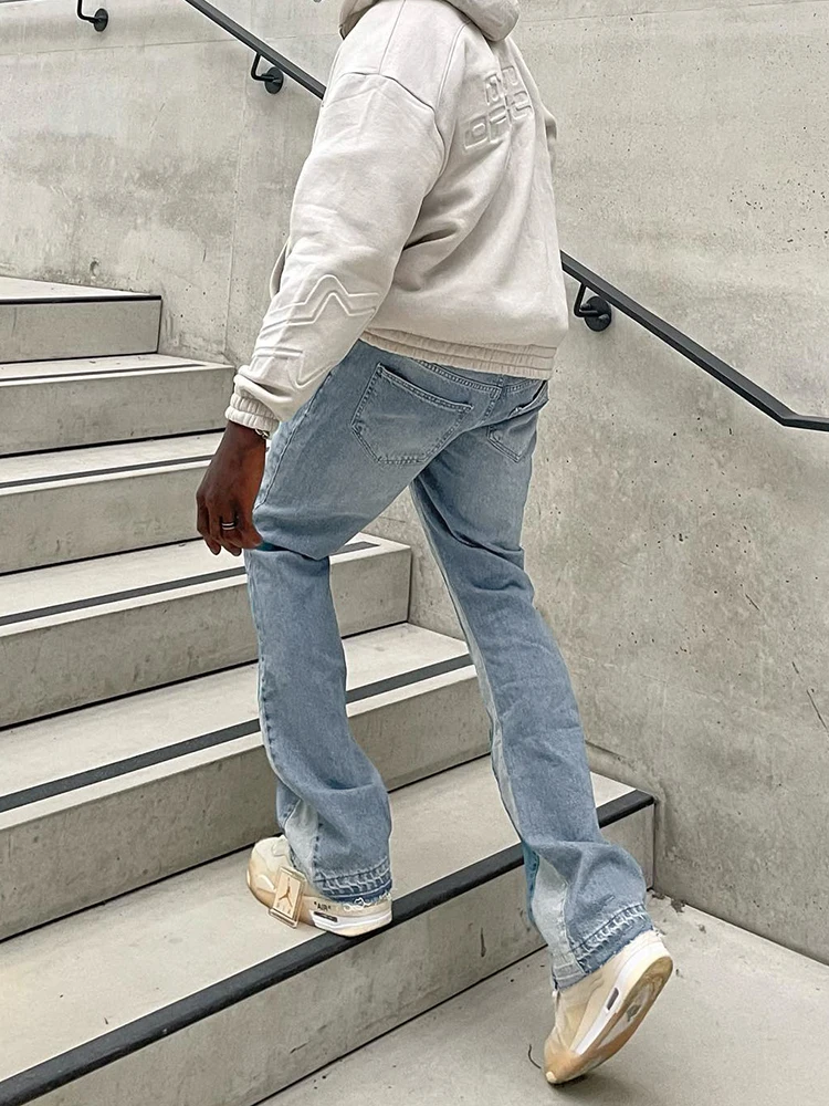 Baggy Jeans Men Fashion Side Stripes Aesthetic Jean Trousers Vaqueros Y2K Autumn Light Blue Distressed Straight Leg Denim Pants