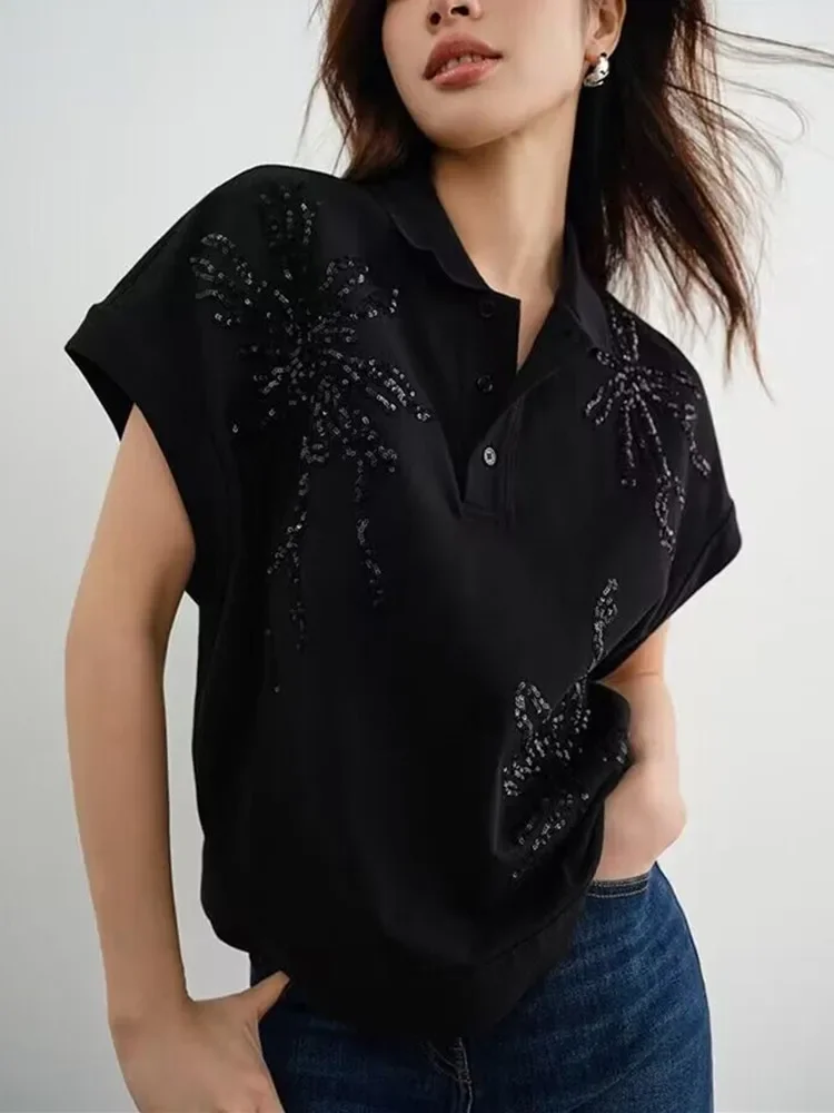 Женская футболка с отложным воротником и коротким рукавом