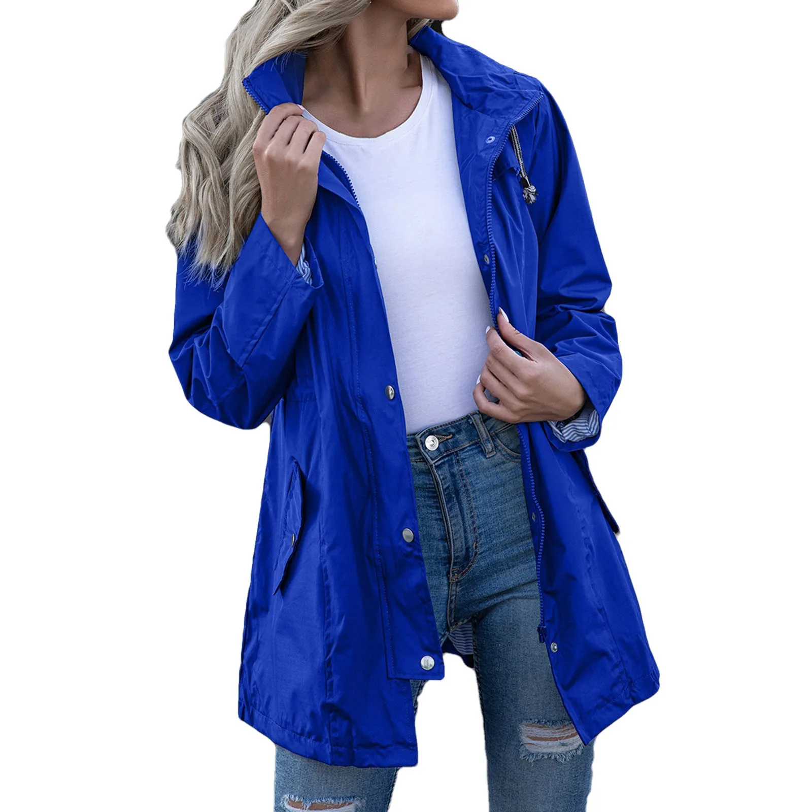 

Ladies Solid Hooded Slim Pocket Hooded Raincoat Trench Coat Jacket Lace Camisole Denim Tunic