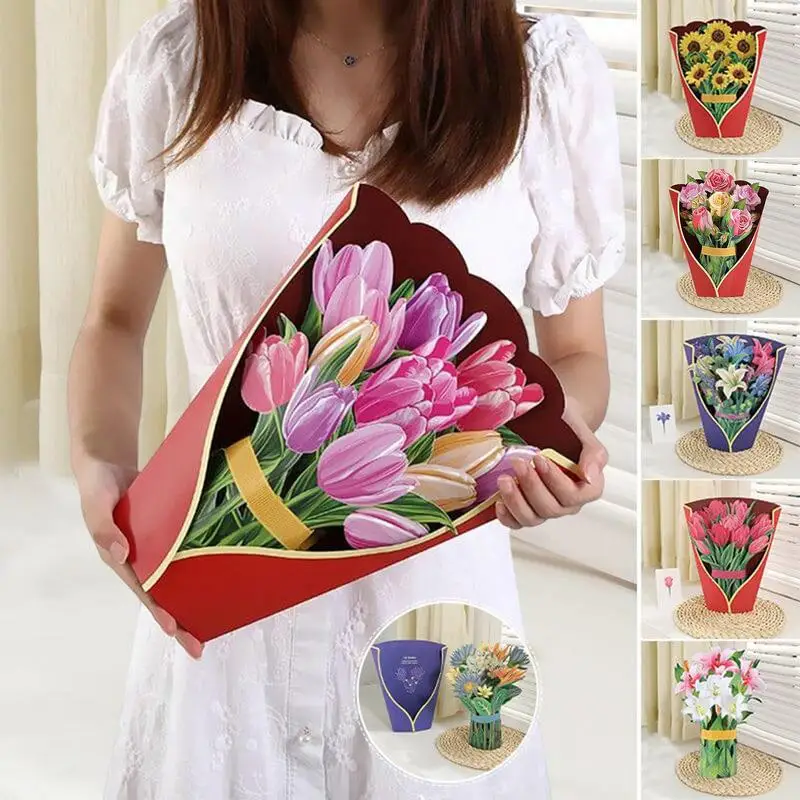

Pop-Up Bouquet Greeting Card Eternal Flower Pop-Up Creative 3D Bouquet Thank You Card Holding Flowers Blessing Gift Mothers Day