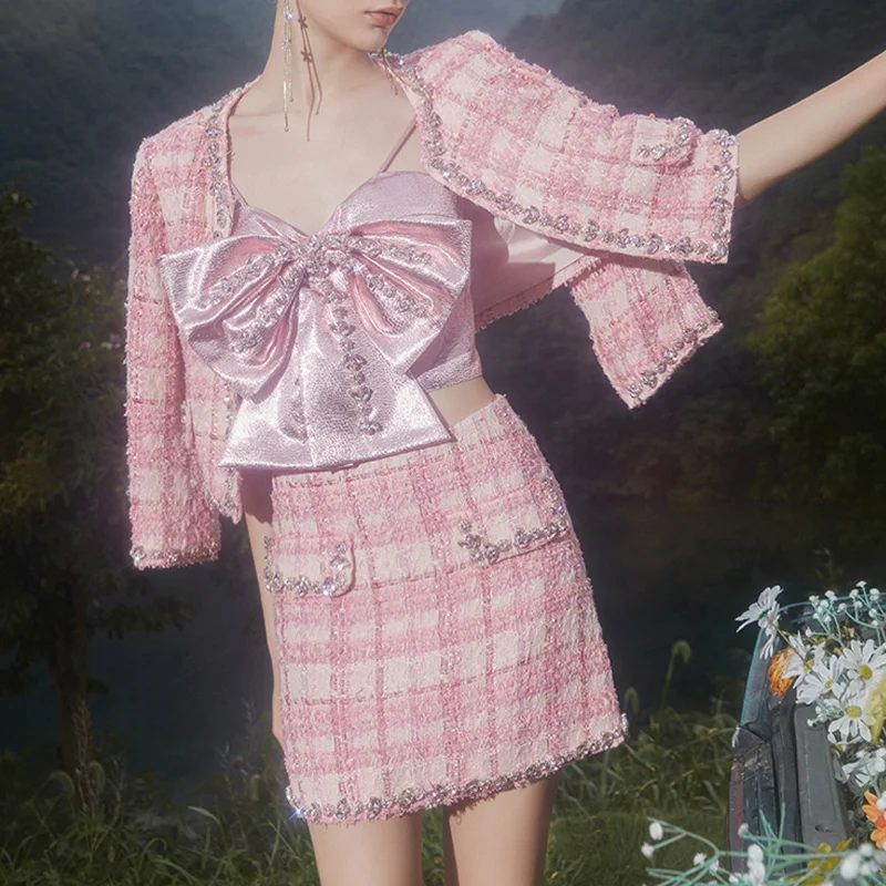 Women Elegant Luxury Crystal Tweed High Street Suit Spring Grid Chic Long Sleeve Coat Condole Belt Short Skirt Three-piece Set