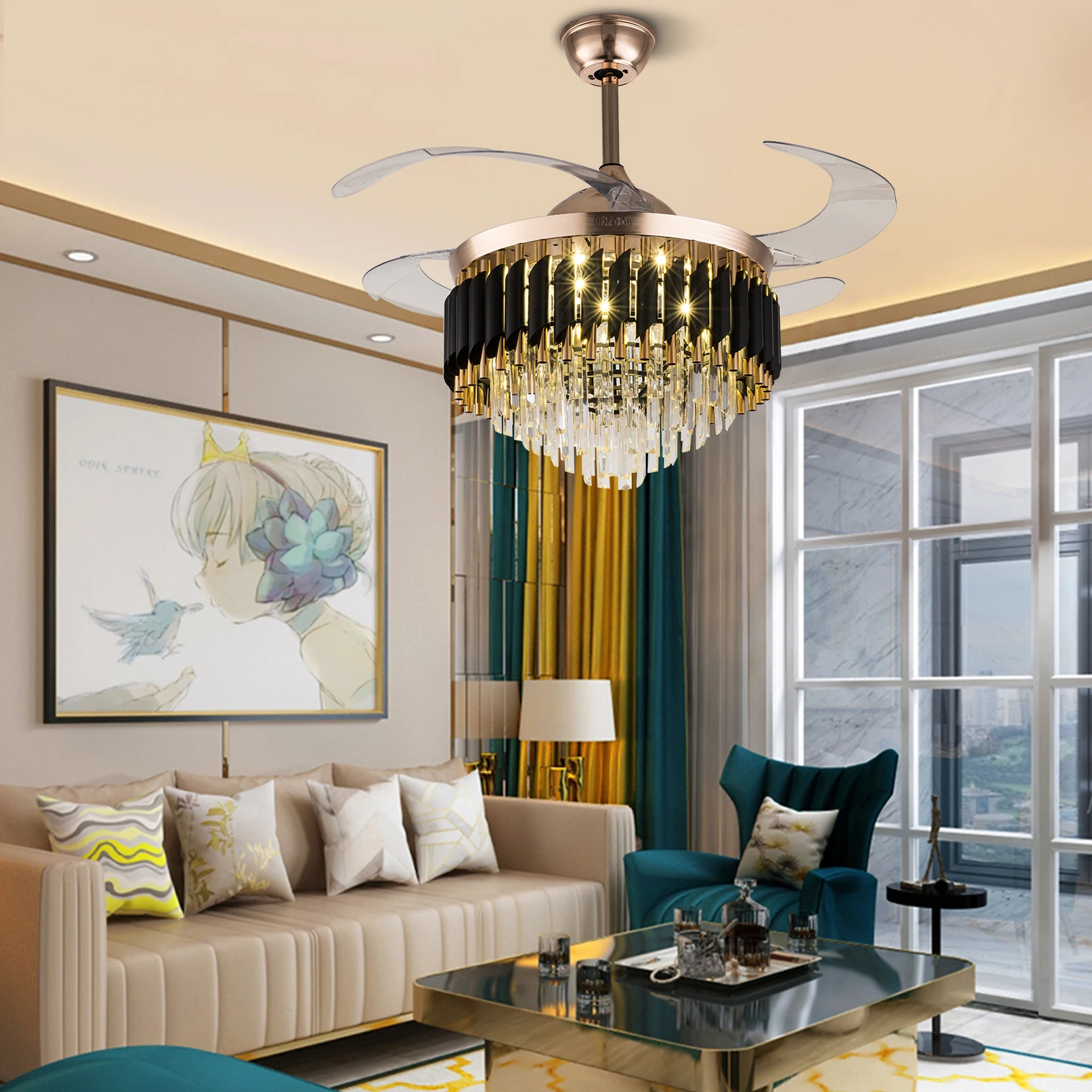 

OUKANING Modern Home Decor Retractable Ceiling Fans with LED Light Chandelier Ceiling Fan 3 Colors 3 Speeds 4 Invisible Blades