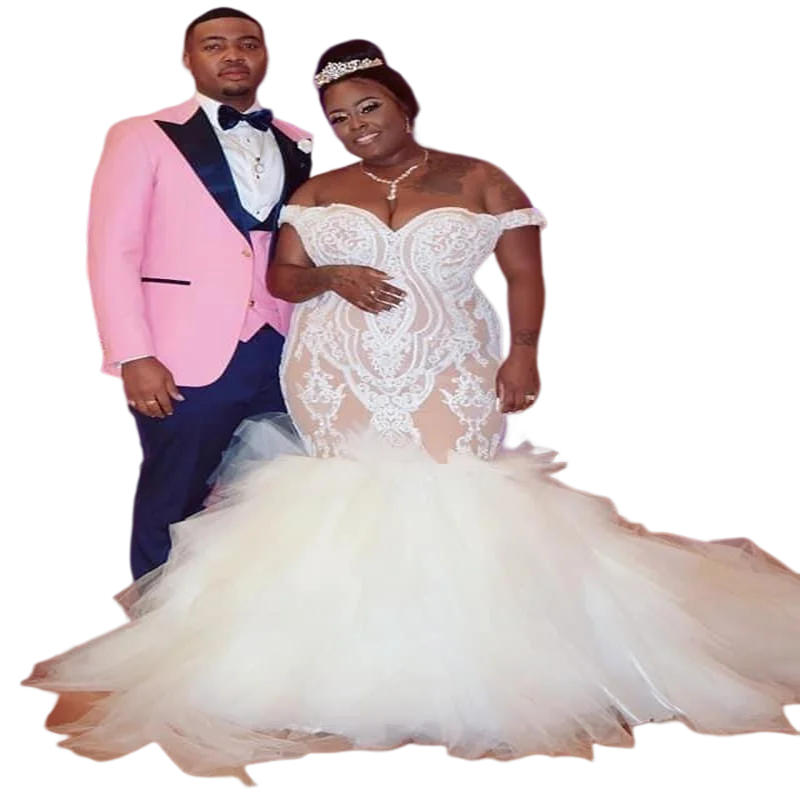 

African Plus Size Mermaid Wedding Dresses Lace Applique Tulle Tiered Skirt Sweep Train Custom Made Off the Shoulder Bridal Gowns