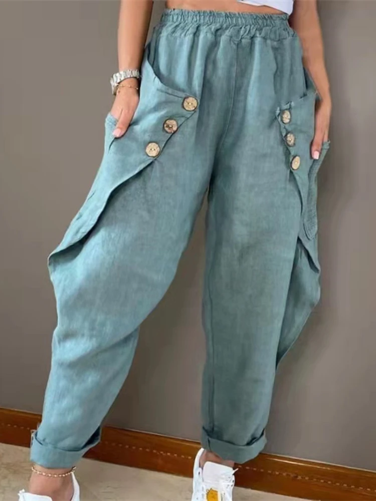 

Летние повседневные потертые свободные брюки, лоскутные однотонные брюки-султанки с карманами и пуговицами, черные женские шаровары, новин...