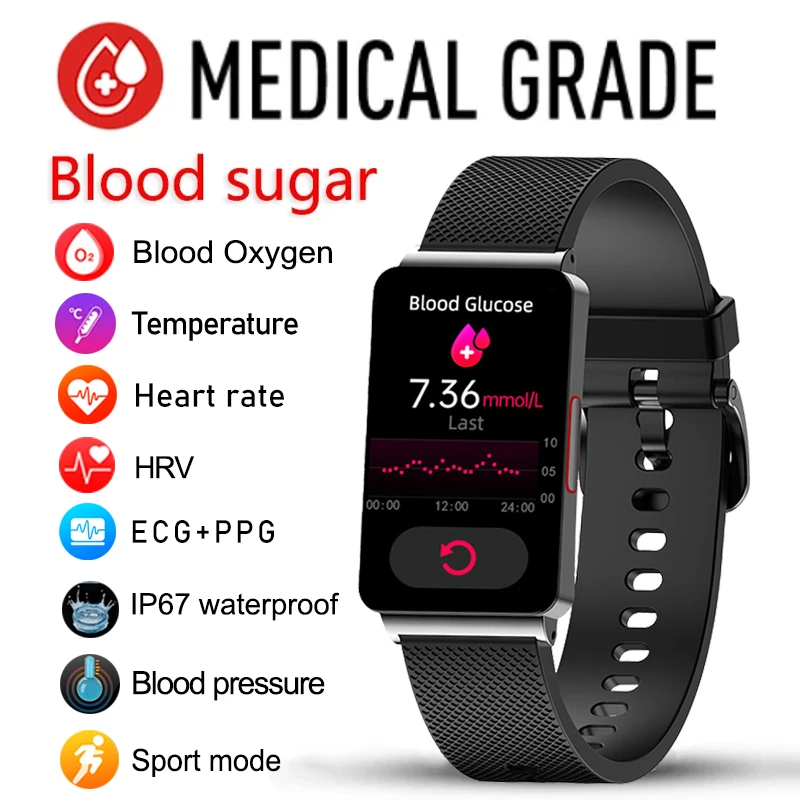 

Новинка 2023, мужские Смарт-часы с измерением уровня сахара в крови, ЭКГ + ППГ, пульса, уровня кислорода в крови, артериального давления, водоне...