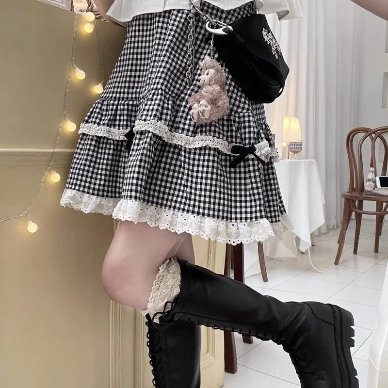 

Sweet Soft Girl Summer Harajuku Egirl Kawaii Plaid Skirt Women Ruffle Lace Patchwork Bow A-line Lolita Skirt Japanese