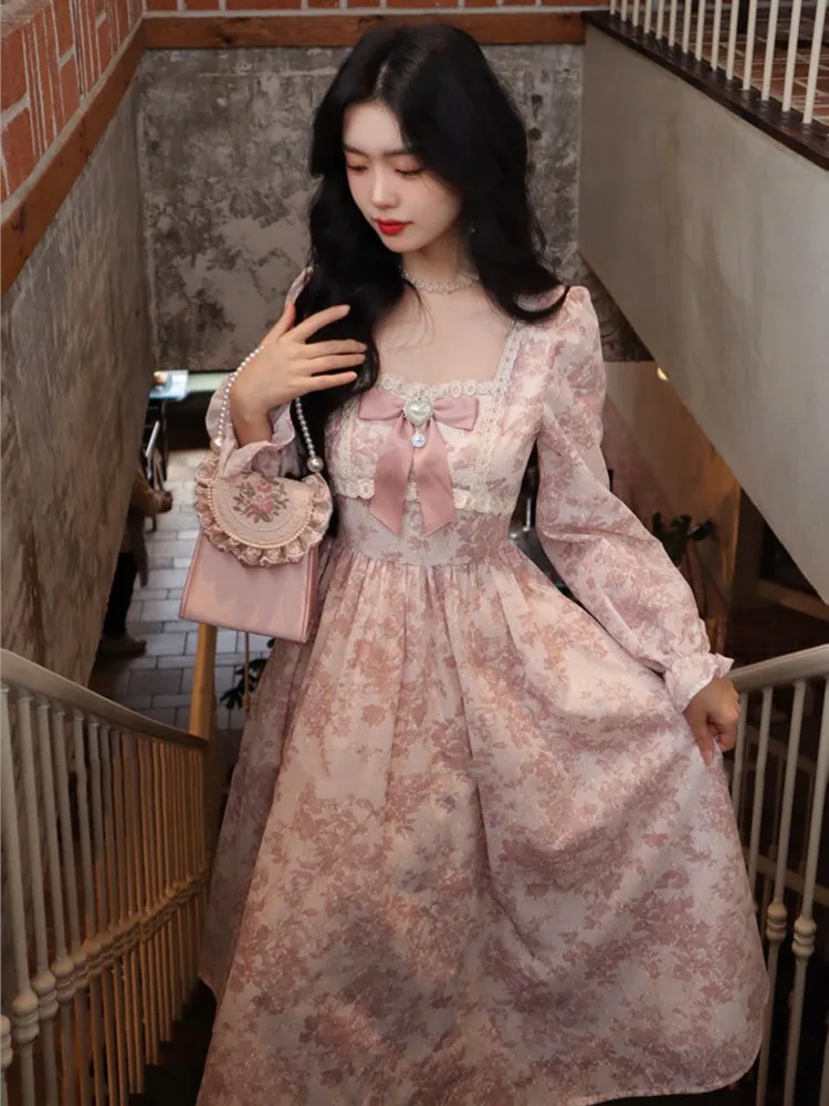 

Women Kawaii Sweet Pink Lolita Dress Spring Elegant Evening Party Birthday Floral Midi Dresses Korea Puff Sleeve Fairy Robe