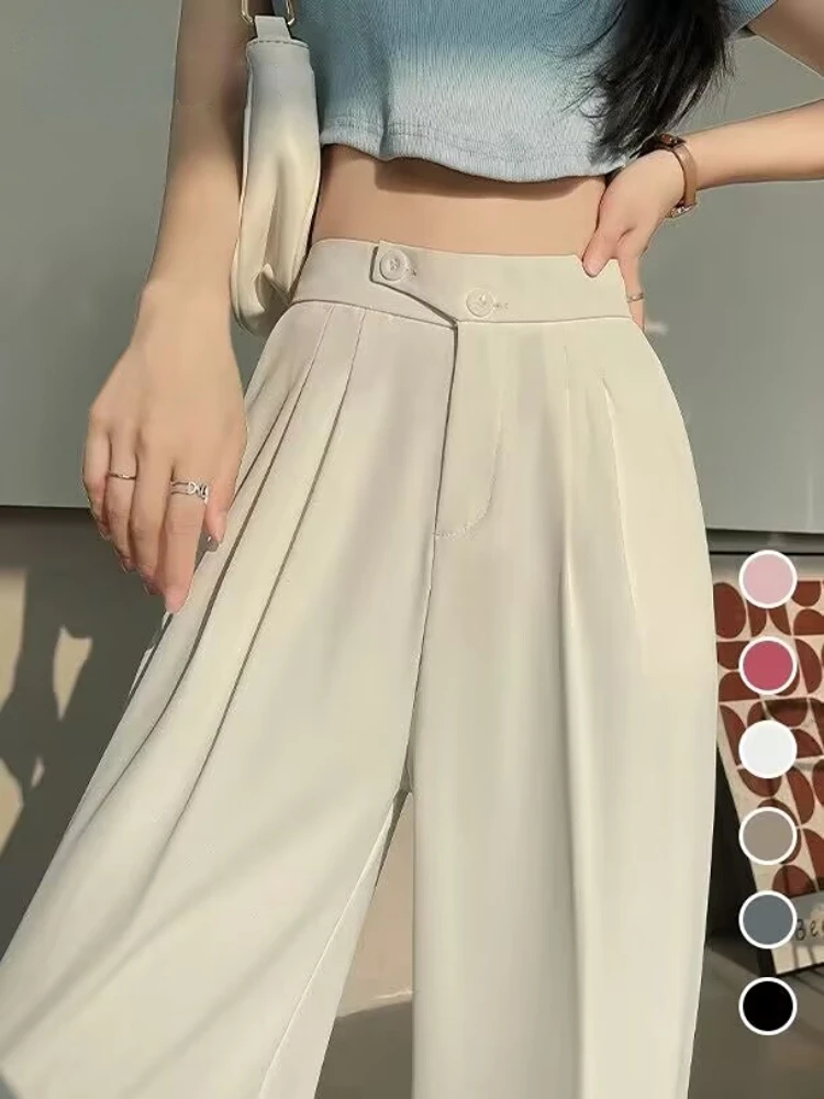 

2023 Summer Trouser for Women High Waist White Straight Stacked Pants with Pockets Double-button Fashion Cargo Pants for Women