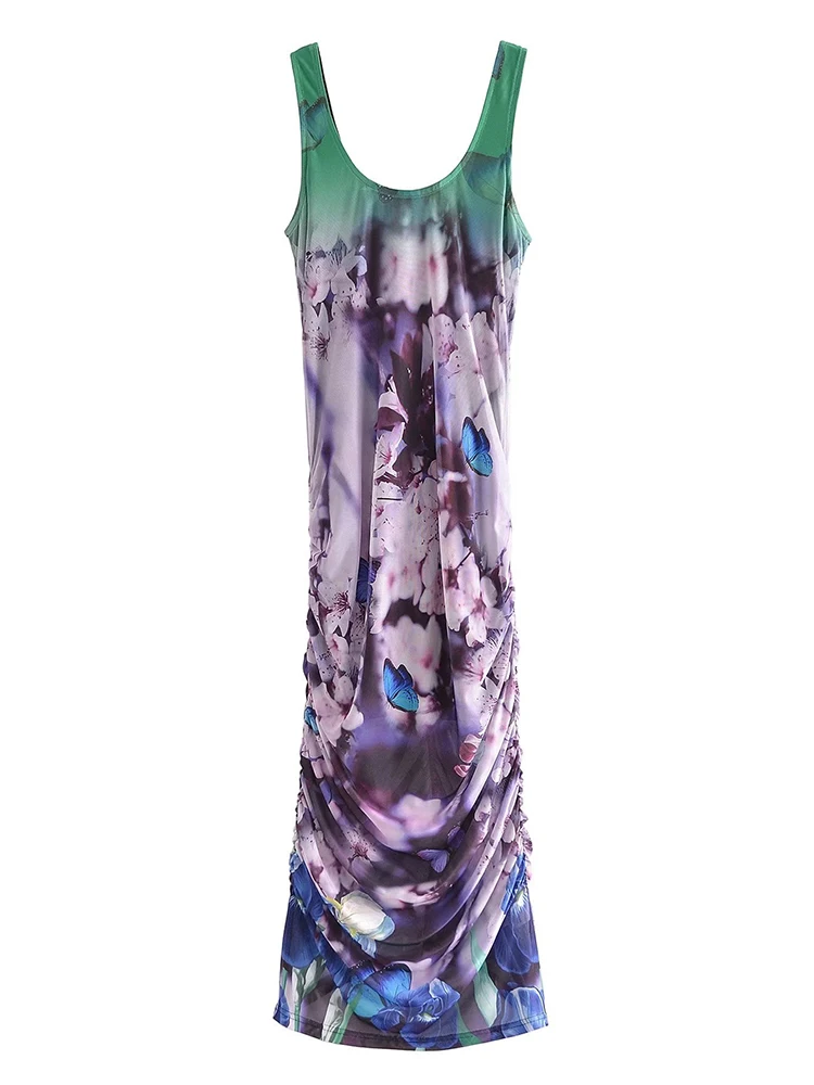 

YENKYE Summer Women Vintage Floral Print Ruched Mesh Tank Dress O Neck Sleeveless Ladies Sexy Dresses Midi Vestido