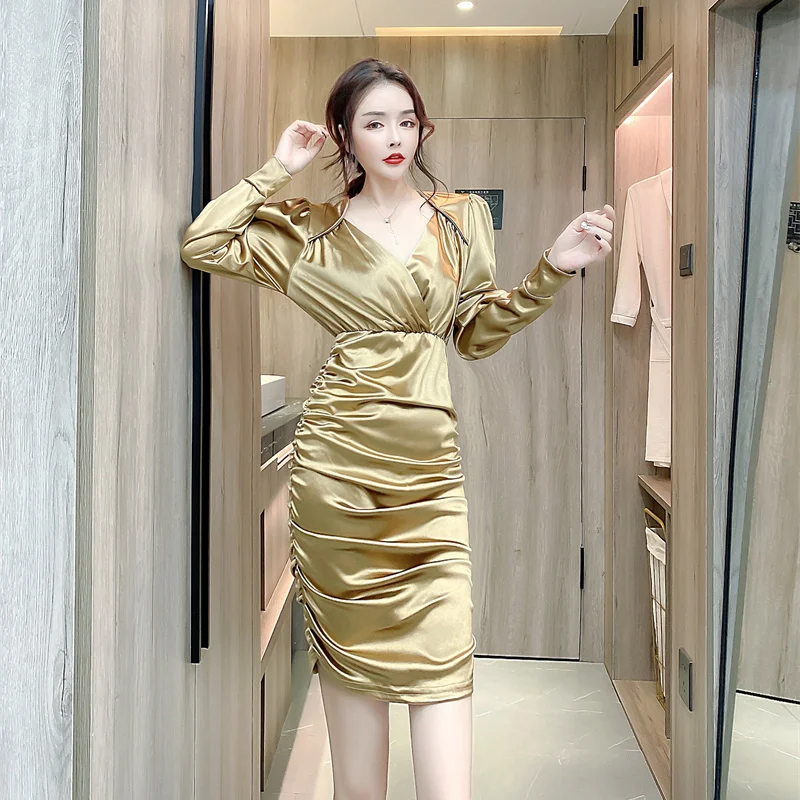 

2022 Popular Spring Summer Korean New Women Fashion V-neck Irregular Dresses Long Sleeve Temperament Elegant Tight Dress C02