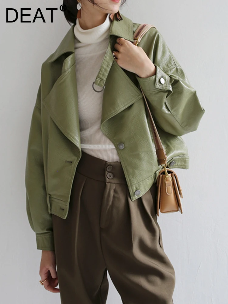 

DEAT Fashion Women PU Leather Jackets Lapel Loose Belt Single Breasted Short Solid Color Suede Coat Autumn 2023 New Tide 7AB450