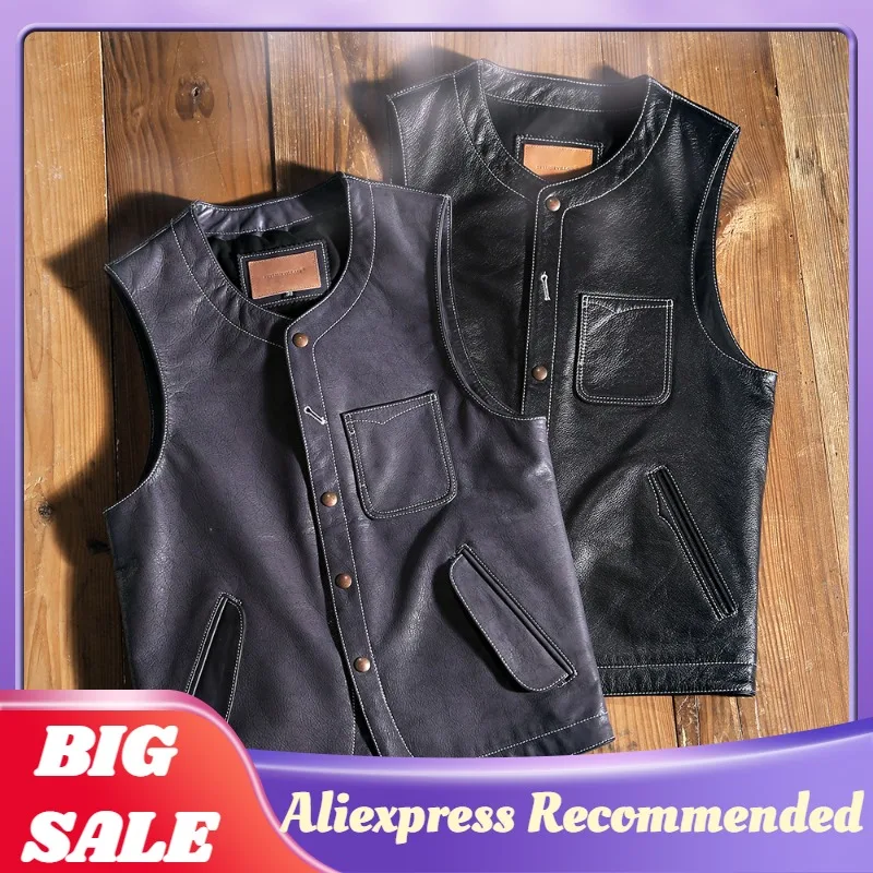 

2021 Black Casual Genuine Leather Vest Men Japan Retro Style Plus Size 5XL Real Natural Cowhide Summer Slim Fit Short Coat