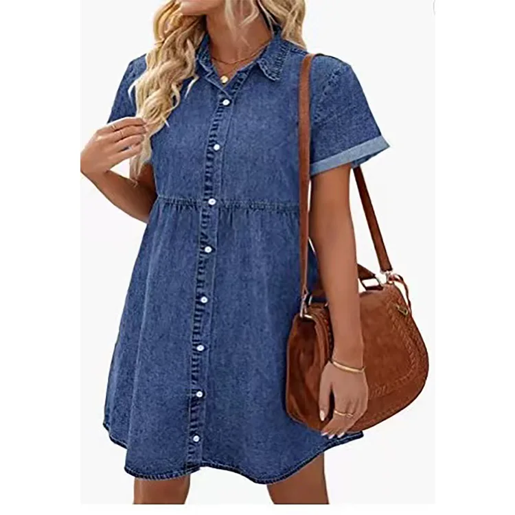 

Dresses for Women Fashion 2023 Summer European and American Washed Denim Lapel Loose Sweet Ruffled Jeans Dress Short Skirt New