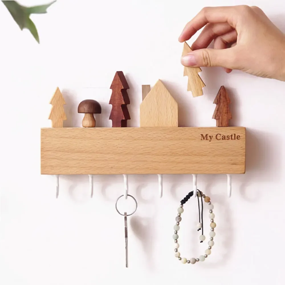 

Wall Mounted Wooden Key Rack Wall Storage Rack Rectangular Treehouse Key Rack Mushroom Hook Coat Rack Christmas Home Decor Gift