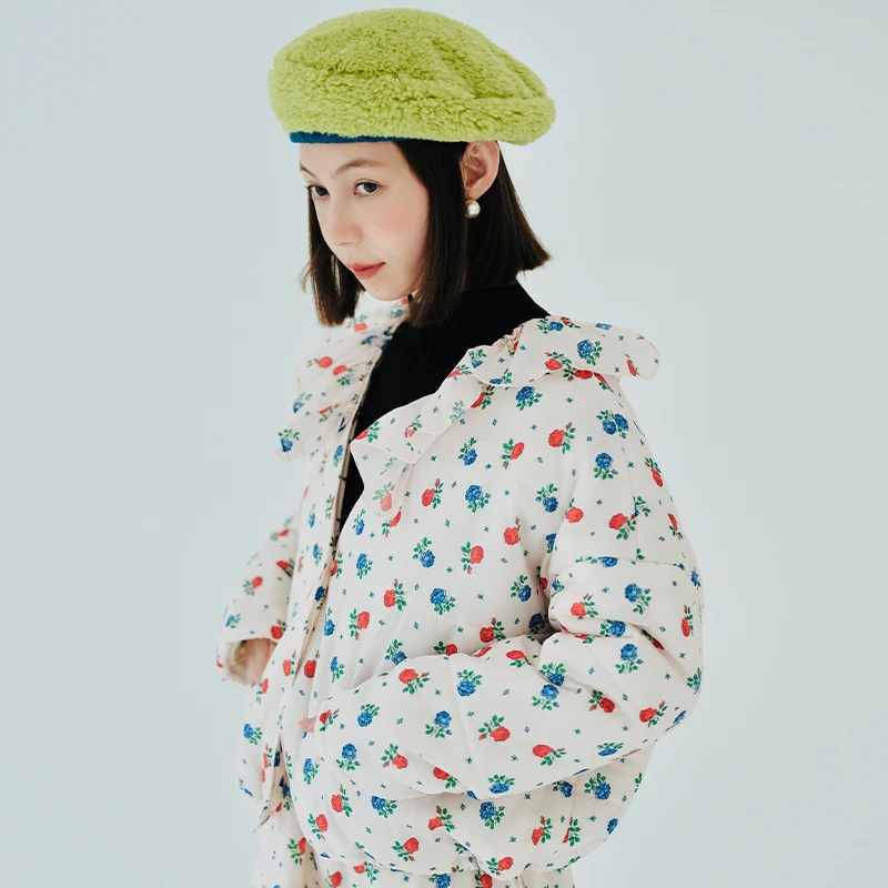 imakokoni original design autumn and winter thick warm coat floral long sleeve V-neck cotton-padded jacket top for women