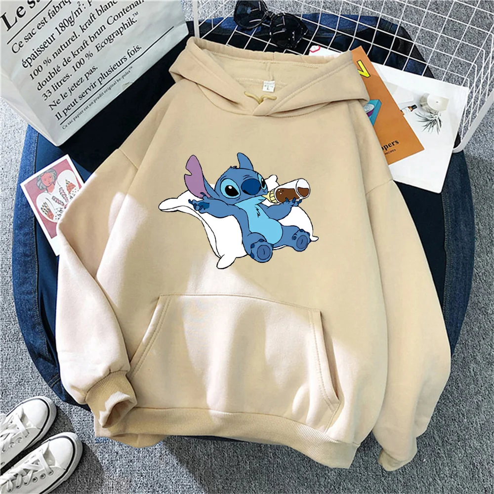 

Disney Stitch Hoodies Women Harajuku Pullovers Cute Kawaii Casual Tops O-Neck Angel Print Hooded Sweatshirt Oversized Hoodie