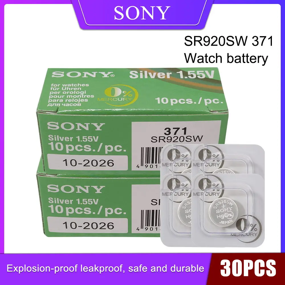 

30pcs Sony 1.55V AG6 371 SR920SW LR920 SR927 171 370 L921 LR69 SR920 For Watch Button Batteries Single grain packing