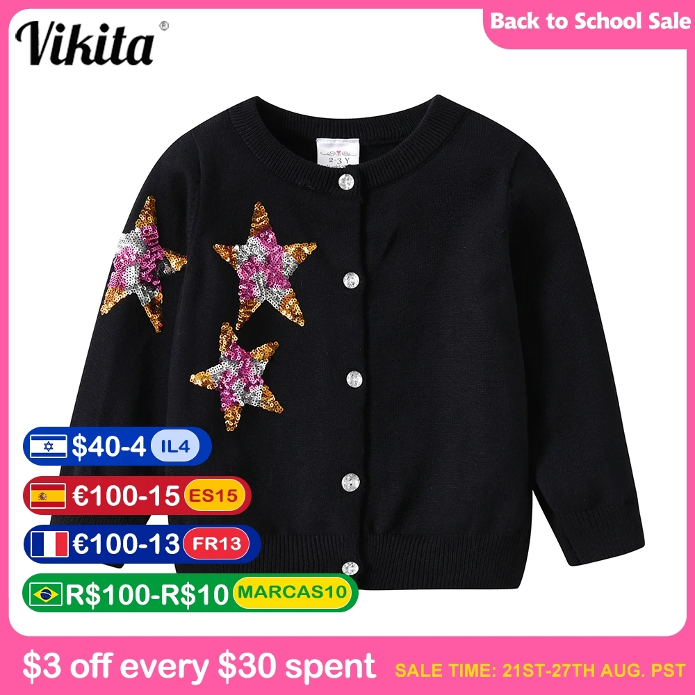 

VIKITA Kids Autumn Knitted Cardigan Sweaters Girls Christmas Sweaters Kids Star Sequins Shiny Outwear Clothes Children Clothing