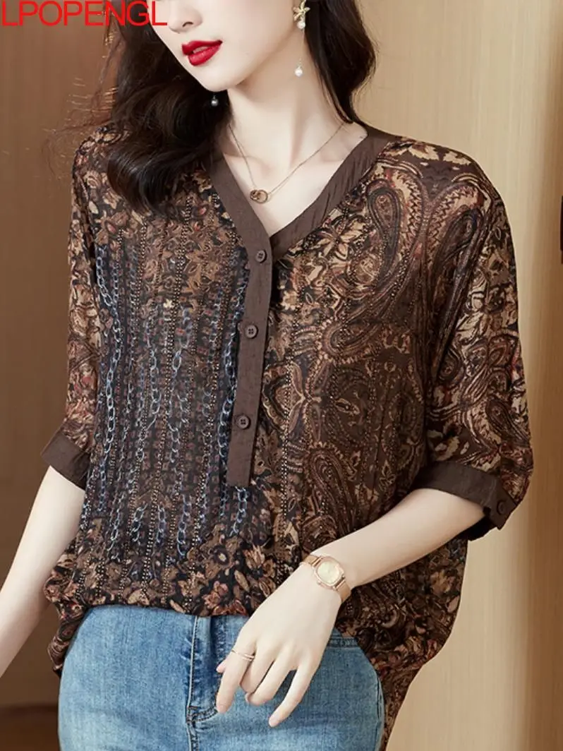 

Spring And Summer 2022 Printed Tops Women's Hot Drill V-neck Half Sleeve Cotton Shirts Temperament Office Lady Straight Blouse
