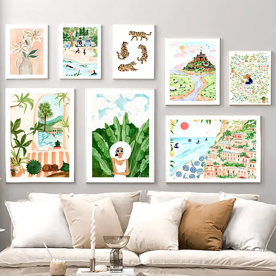 

Абстрактный пейзаж на холсте с изображением кораблей и цветов