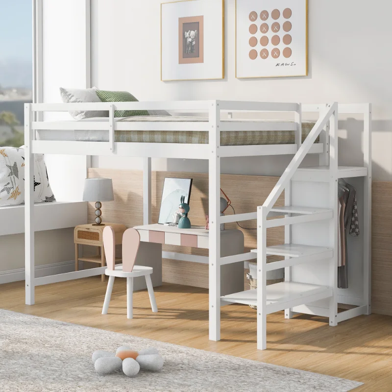 

[Flash Deal]Full Size Loft Bed with Built In Storage Staircase and Hanger for Clothes The Sturdy Frame Is Easy To Assemble