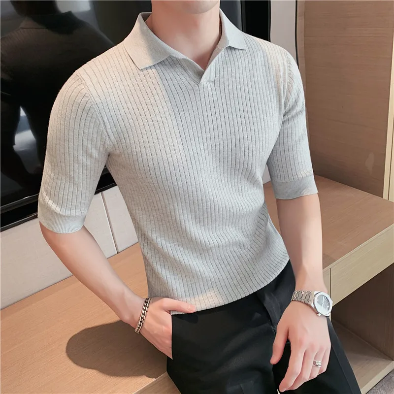 

Stretch Slim Polo Shirts 2022 Summer Solid Color Casual Lapel Short Sleeve Striped T-Shirt Brand Men's Clothing Knit Polo Shirts