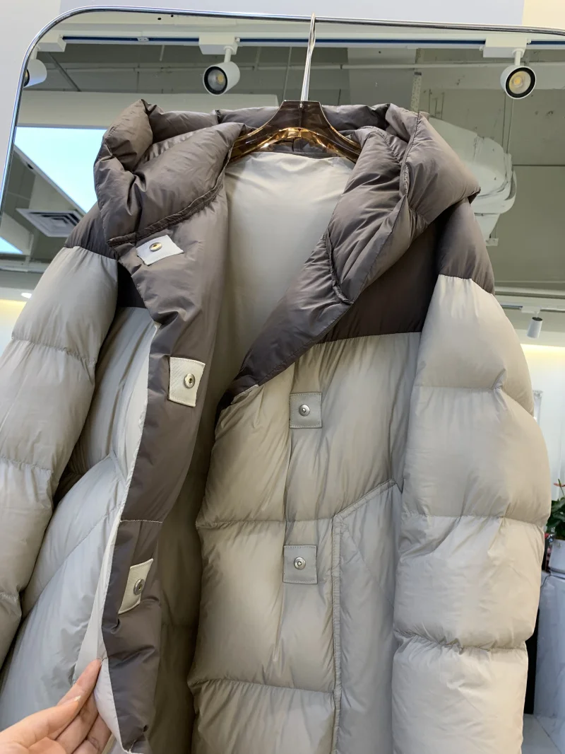 2022 Ladies Down Coat with a Hood Thick Puffer Parkas for Women Patchwork Female Winter Cloth Jacket Plush Oversized Maxi Long