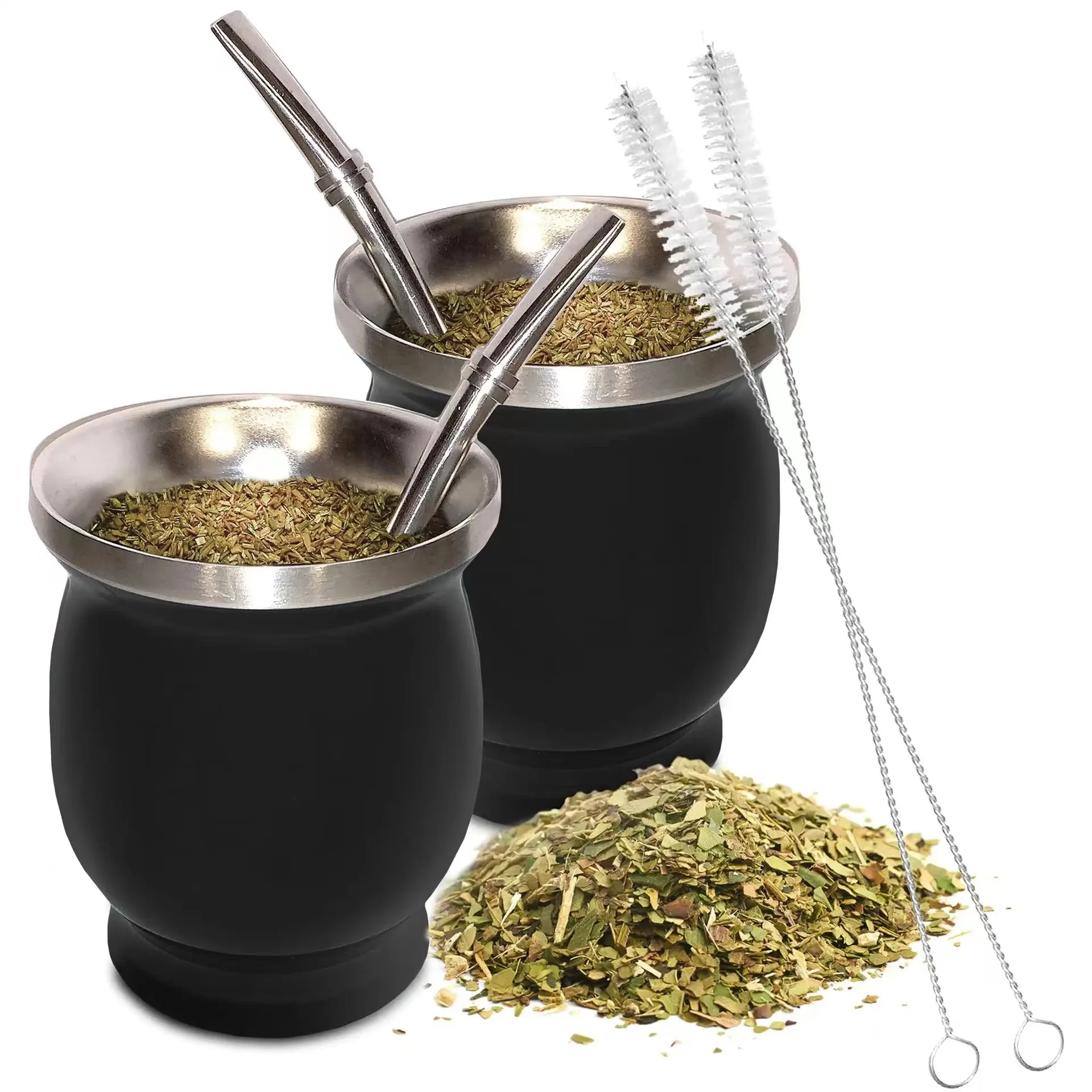 

Yerba Mate Cup 304 Inox Gourd Double-Wall Insulated Vacuum Stainless Steel Mate Straw Tea Coffee Set With Spoon Brush Bombilla