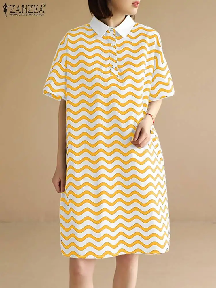 

Платье ZANZEA женское средней длины в полоску, повседневный элегантный сарафан с отложным воротником и коротким рукавом, лето 2022