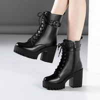 plus size 32 43 platform boots women ankle boots leather 2021 fall winter high heels boots ladies plush motorcycle boots