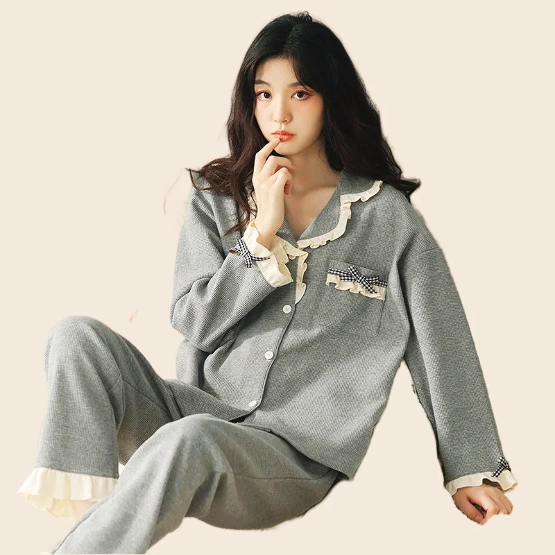 Women's Pajamas Set Full Sleeve Tops Long Pants Sexy Bow Decorate Pyjama Big Size Mom Homewear Cozy Sweet Sleepwear