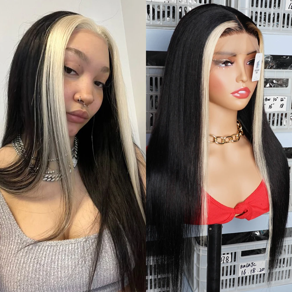 Блондинка и черный # 613 парик из натуральных волос в полоску Skunk отбеливающий