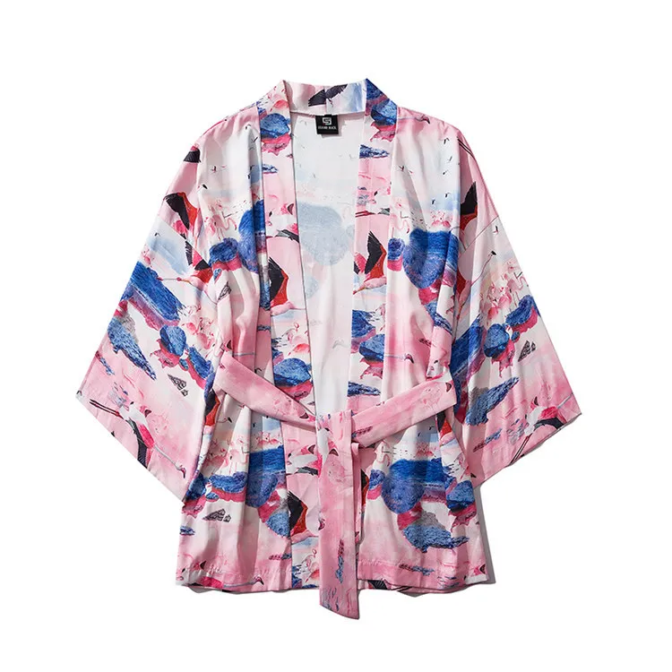 M-XXL Couple Rayon Kimono Robe Casual Cardigan 3/4 Sleeve Home Bathrobe Chinese Crane Tao Robe Underwear Coat Loungewear Hanfu