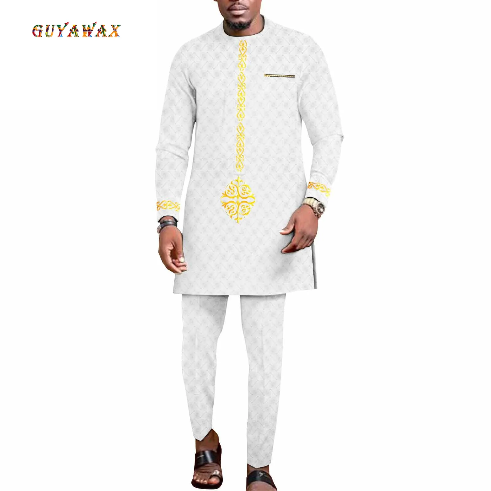 African Suit for Men Dashiki Long Embroidery Long Shirts and Pants 2 Pieces Outfits Wedding Outfits Plus Size African Clothes