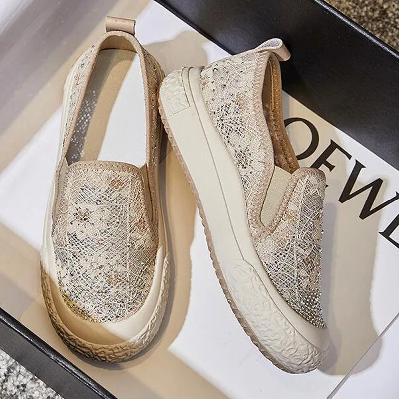New Summer Rhinestone Fisherman's Shoes Casual Breathable Lace Single Flats Women's Shallow Loafers Khaki Black 6511