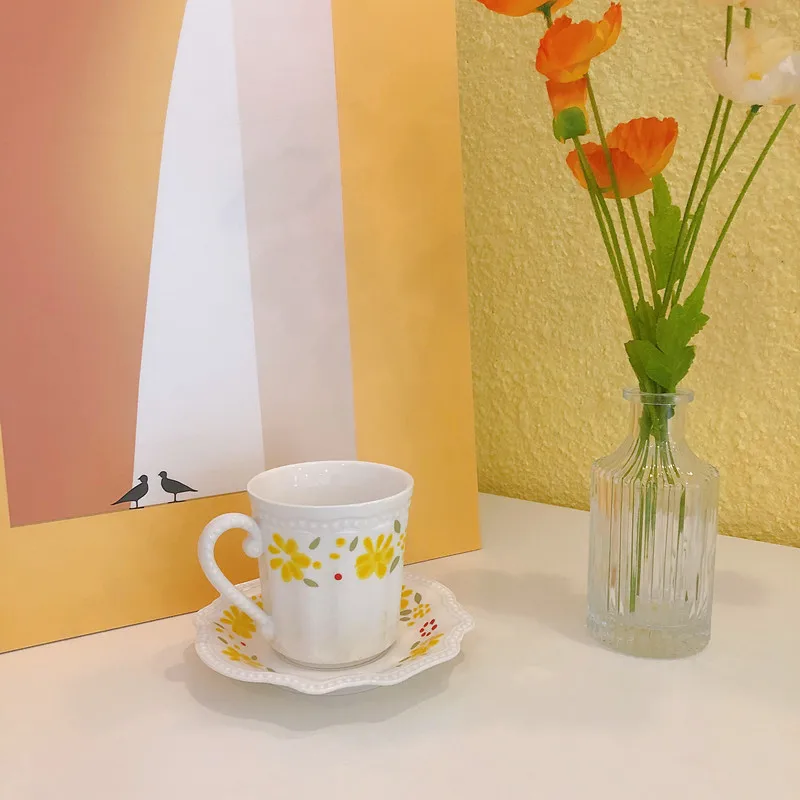 

French Ins Idyllic Small Yellow Flower Coffee Cup Plate Set Ceramic Cup Retro Sanyejin Afternoon Tea чайная чашка Teetasse