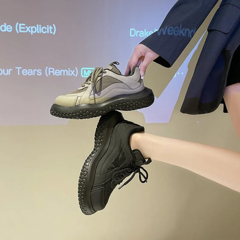 Ladies Plus Velvet Platform Shoes Autumn and Winter New  Color Matching Round Toe Lace-up Warm Casual Sports