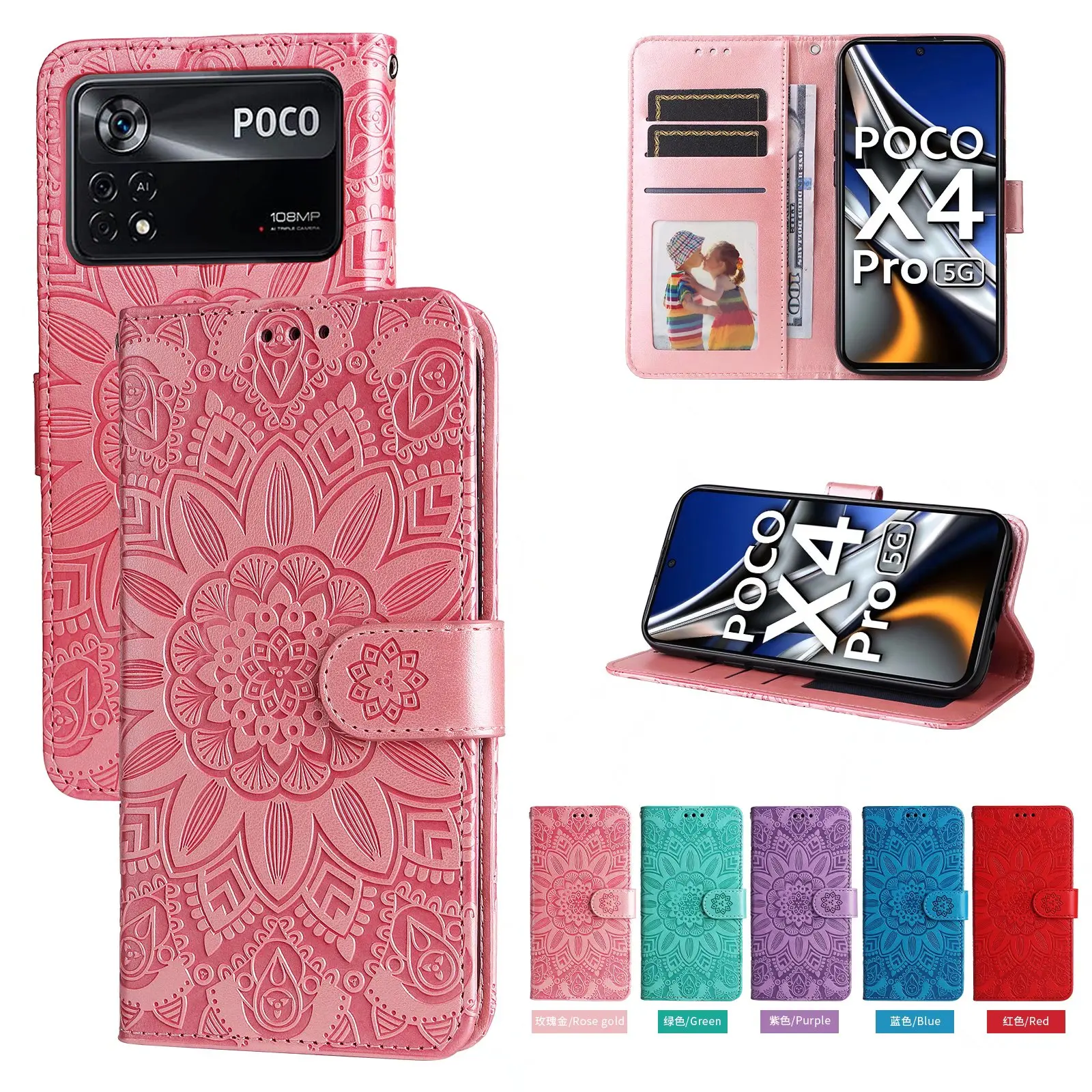 

POCO X4 PRO 5G Leather Case 3D Relief Embossing Sunflower Skin Wallet Book Flip Cover POCO X4 PRO X4PRO X4 NFC Global Phone Bags