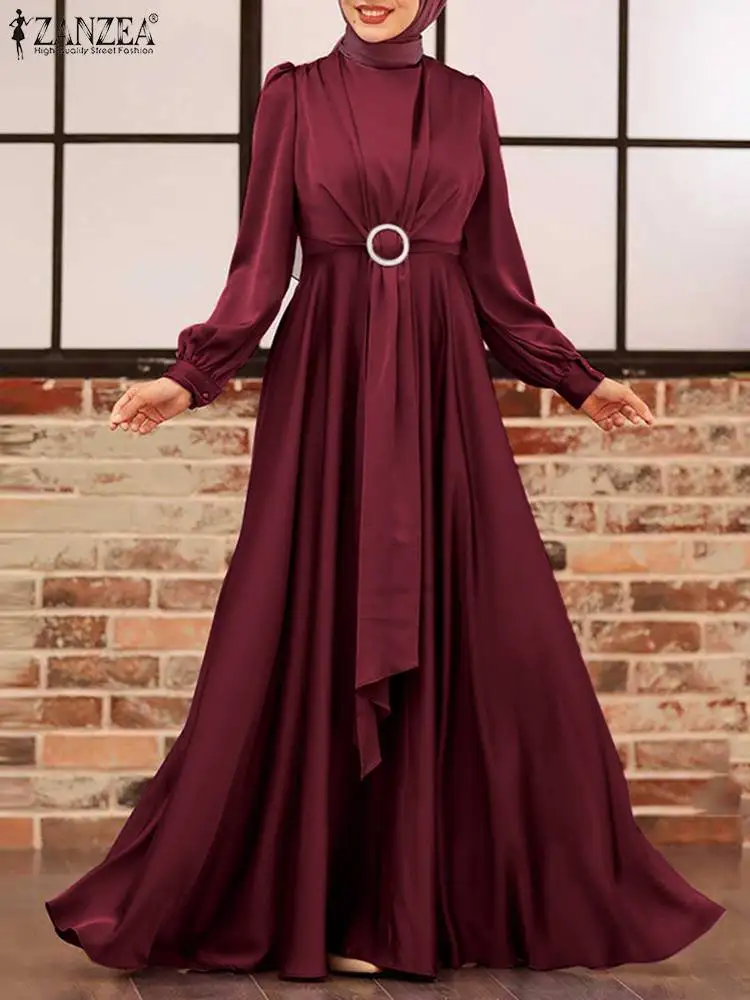 Платье ZANZEA женское длинное атласное с длинным рукавом, модный вечерний сарафан в мусульманском стиле, длинное платье-макси, весна