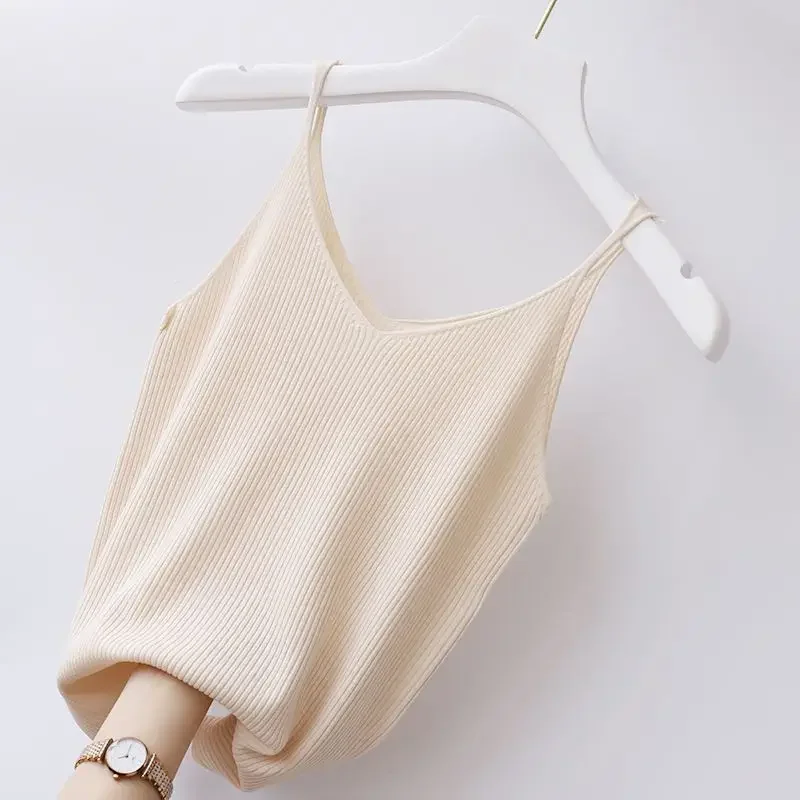 

Women All-match Knit Camis Korean Fashion New Vest Female Clothing V-Neck Slim Sexy Bottoming Sleeveless Sling Tank Top D136
